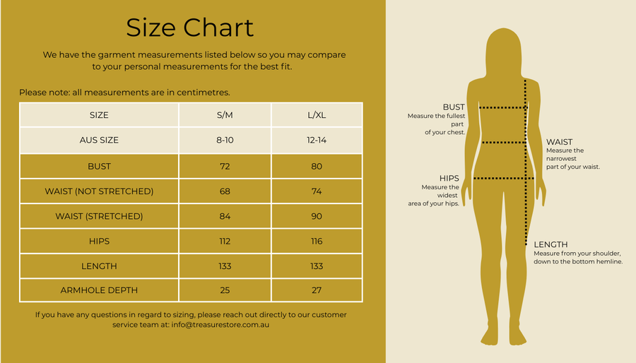 Size chart for Angelique Maxi Dress