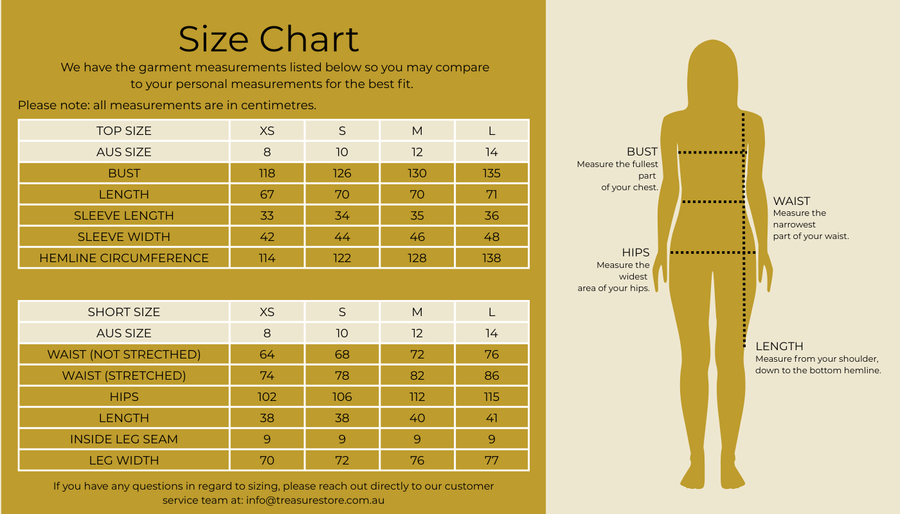 Size chart for Aperol Short Set