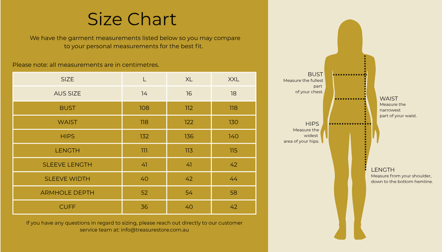 Size chart for Blue Swirl Tunic Dress