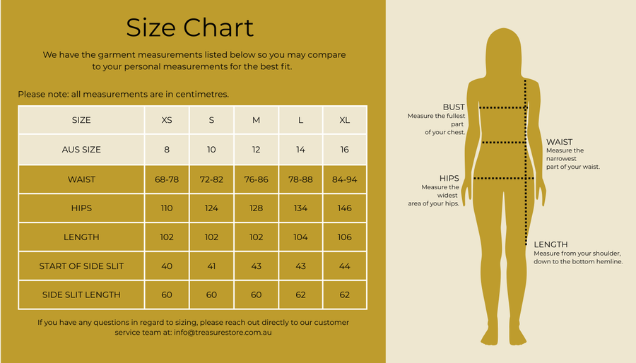 Size chart for Caribbean Maxi Skirt - Blue