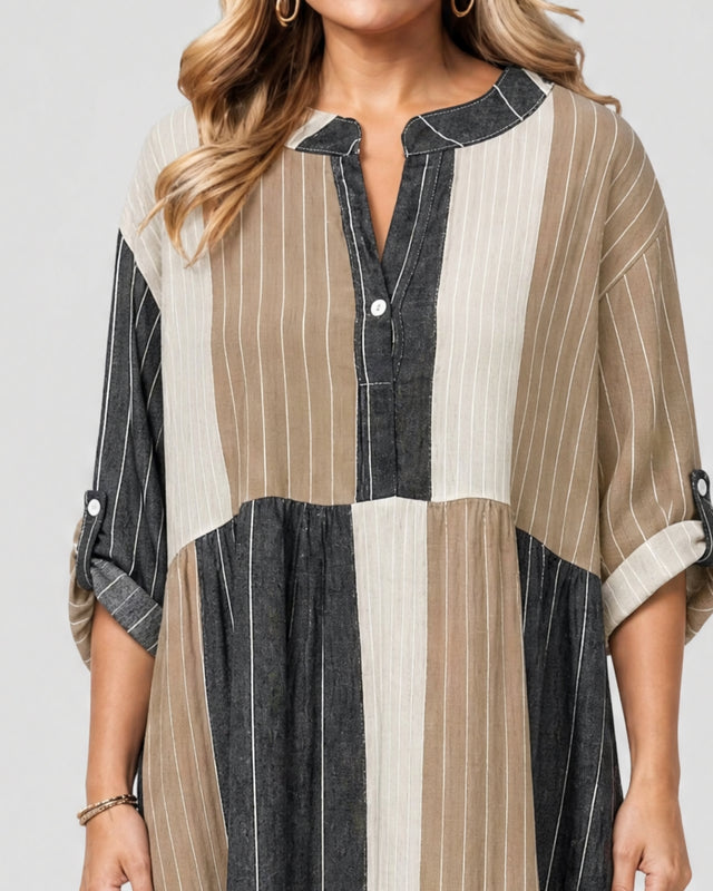 Stripe Tab Sleeve Dress - Brown