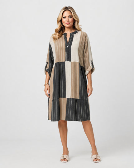 Stripe Tab Sleeve Dress - Brown