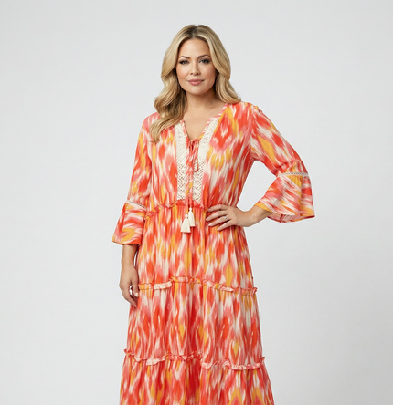 Chevron Tiered Dress with Trim