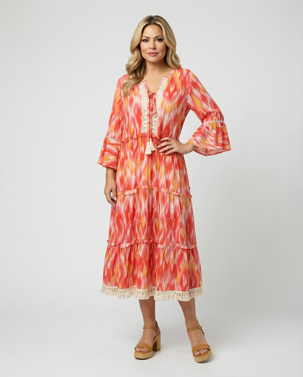Chevron Tiered Dress with Trim
