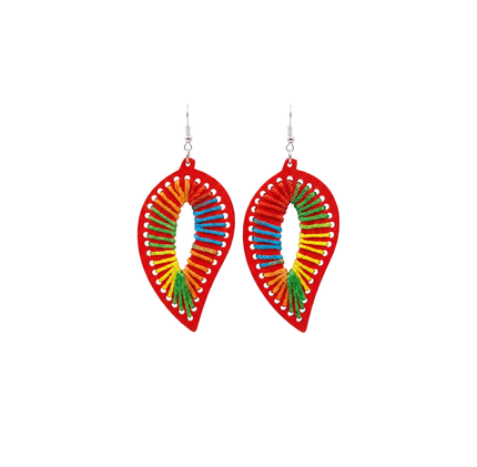 Threaded Leaf Earrings - Red