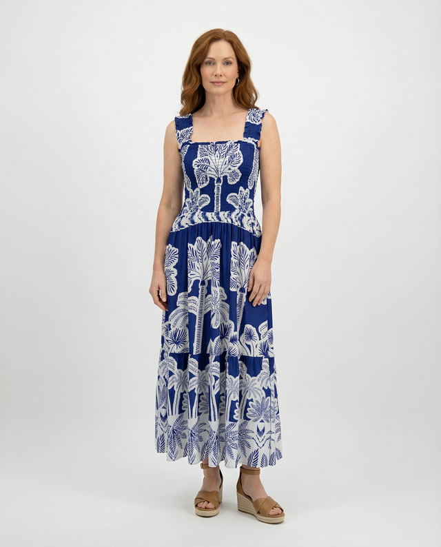 Tropical Blue Shirred Sundress
