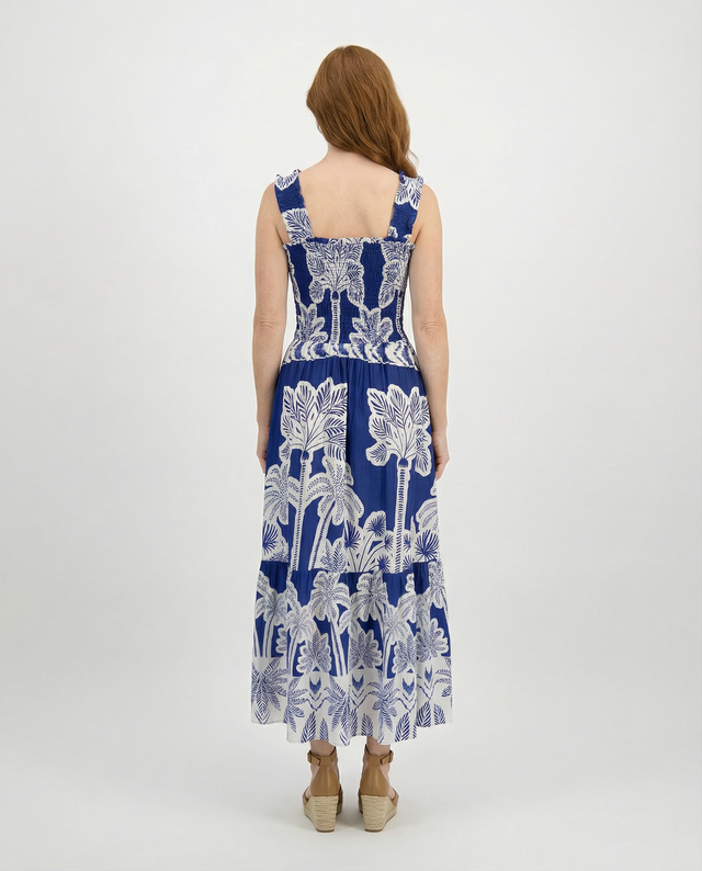Tropical Blue Shirred Sundress