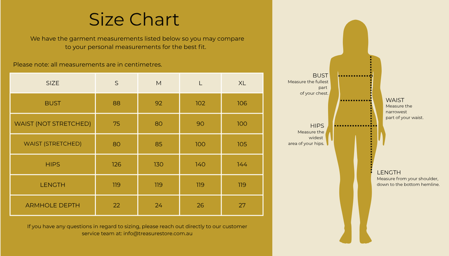 Size chart for Francine Piped Dress