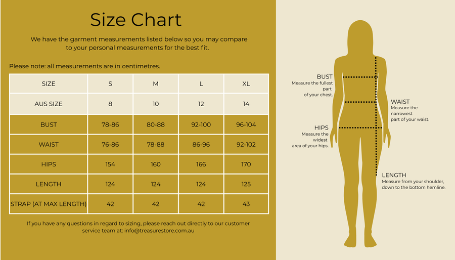 Size chart for Goldie Tie Front Maxi Dress
