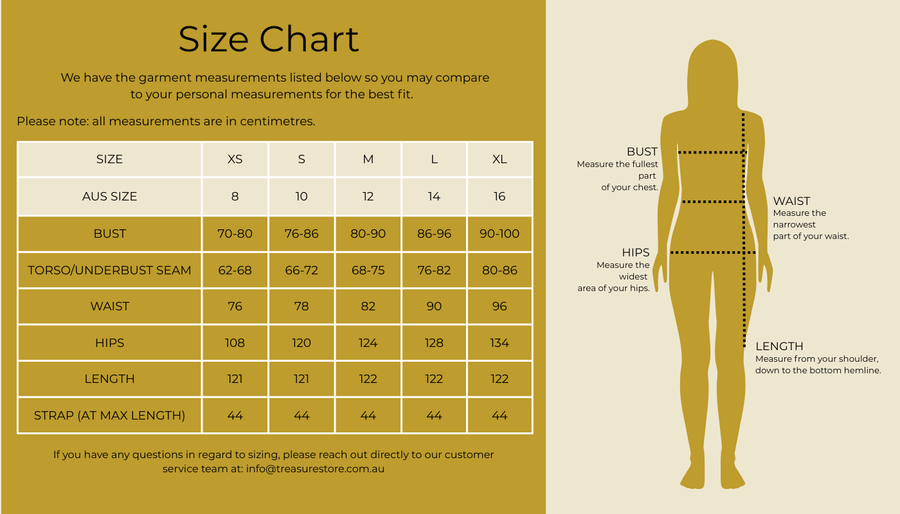Size chart for Into the Tropics Maxi Sundress - Brown