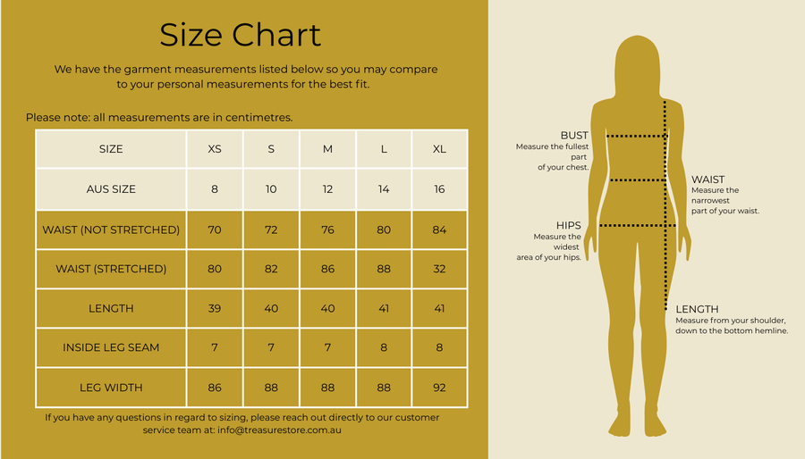 Size chart for Majorelle Elastic Waist Shorts