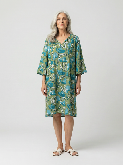 Pintuck Frill Sleeve Dress - Green