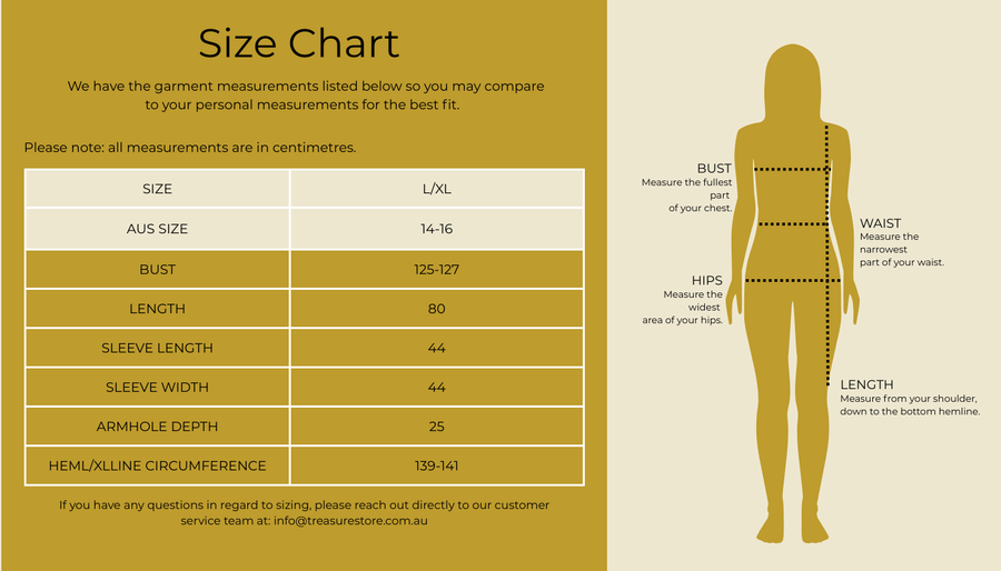 Size chart for Noosa Silk Tunic