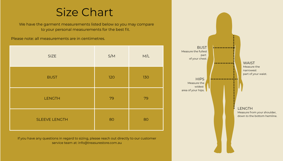 Size chart for Open Cardi Blouse Sleeve - Caramel