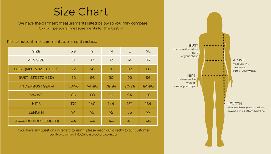 Size chart for Orchid Tie Shoulder Mini Dress