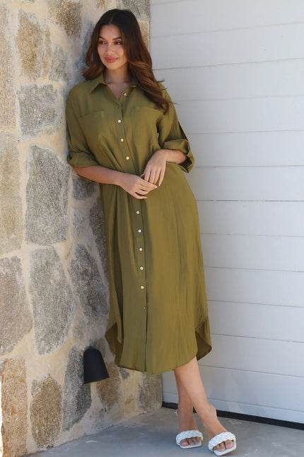 Olive Midi Shirt Dress