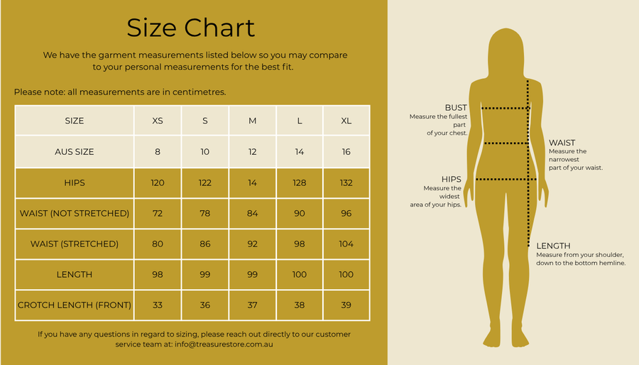 Size chart for Palm Springs Pant