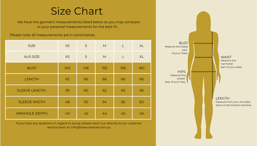 Size chart for Pintuck blouse