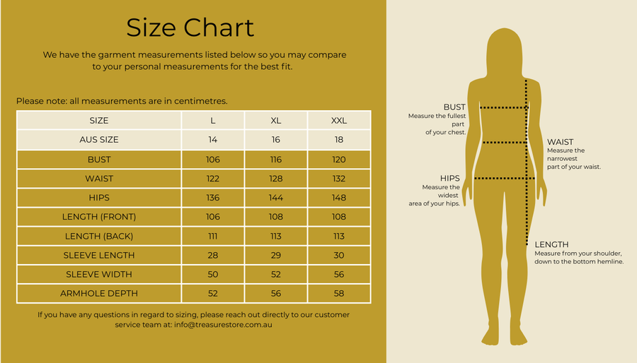 Size chart for Pleat Front Dress with Sleeve