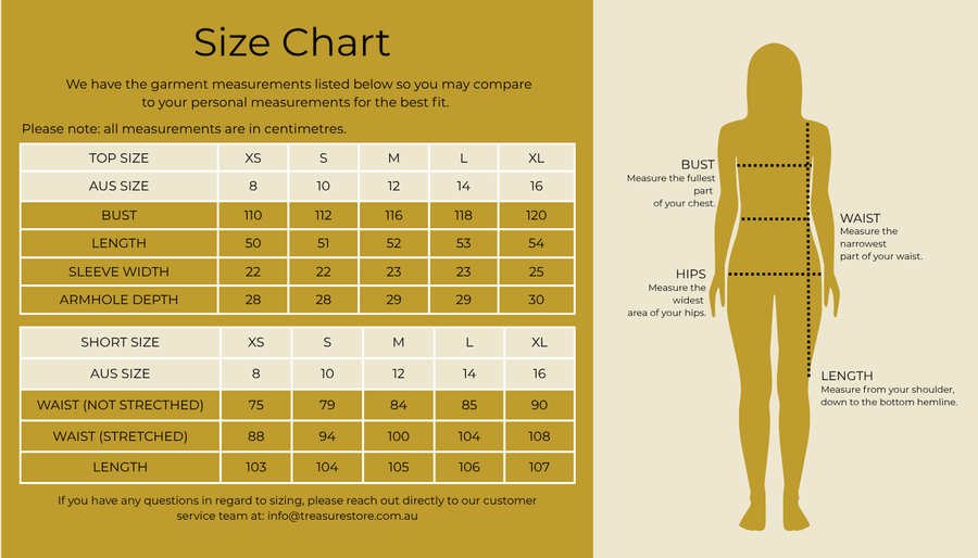 Size chart for Sahara Set