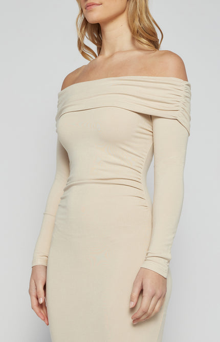 Off Shoulder Jersey Midi Dress - Oatmeal