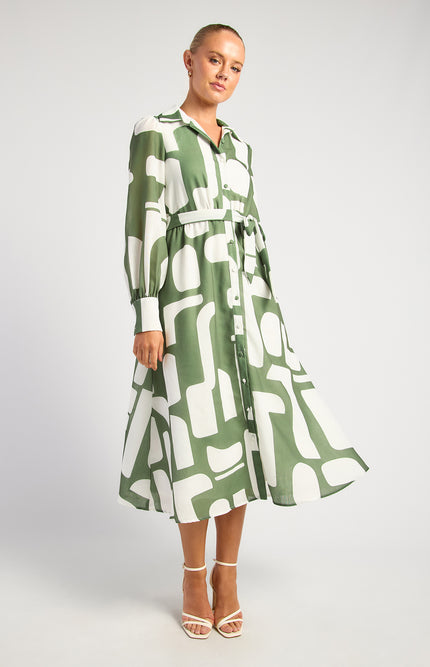 Abstract Shirt Dress - Olive