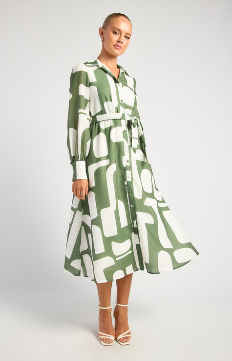 Abstract Shirt Dress - Olive