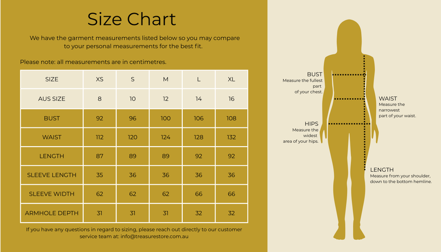 Size chart for Seashell Yoke Front Mini Dress
