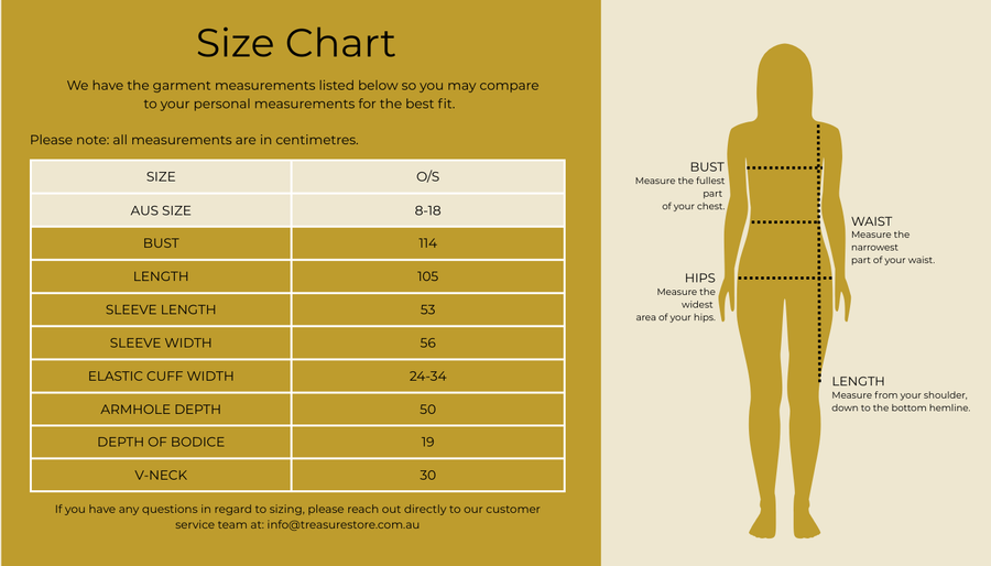 Size chart for Sequin Midi Smock Dress - Biscotti