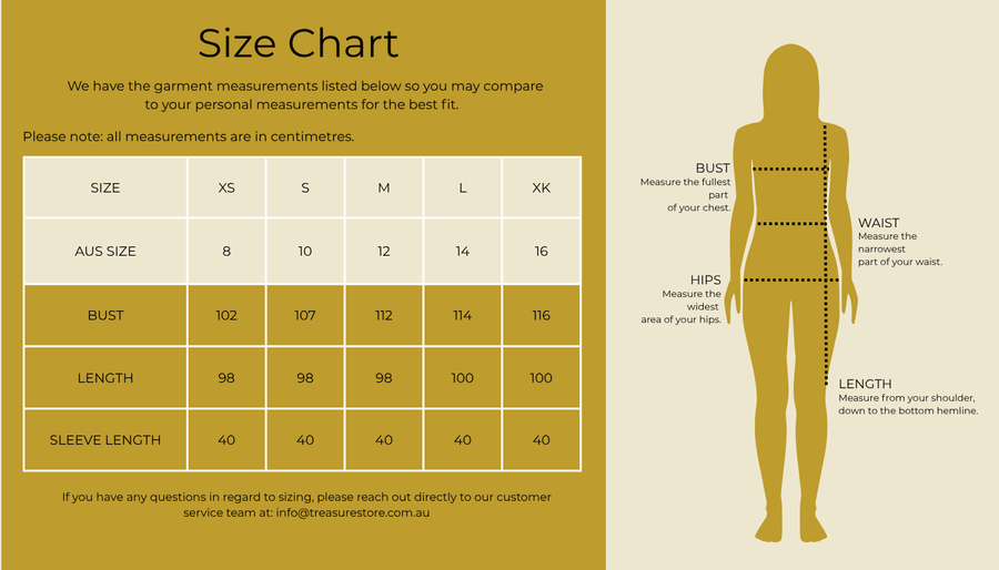 Size chart for Sienna Bodice Dress