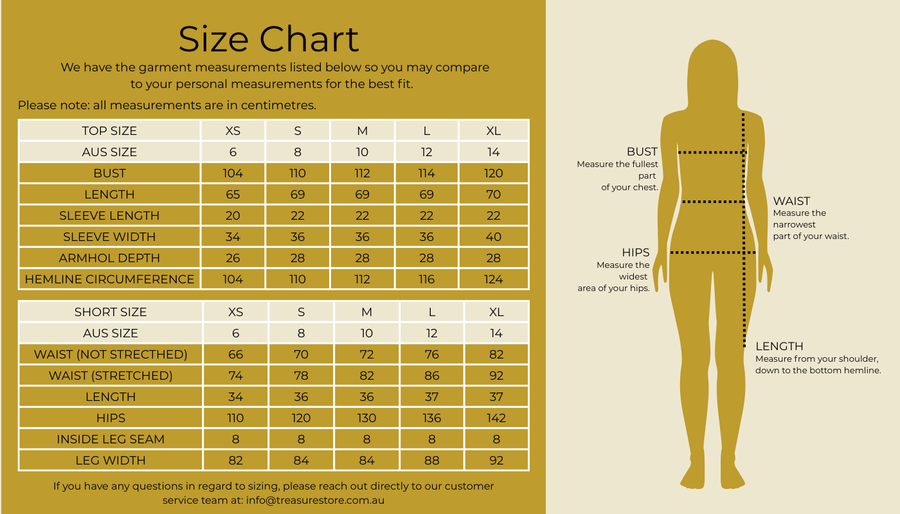 Size chart for Soleil Short Set