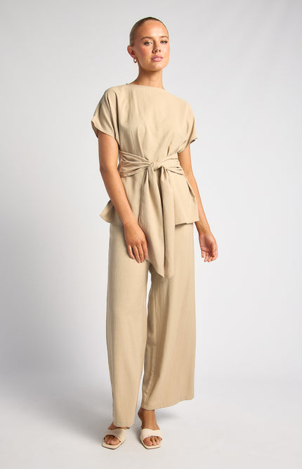Tie Top and Pant Set - Beige