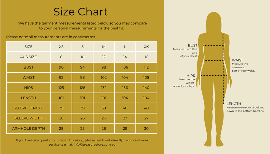 Size chart for Sugar and Spice Dress