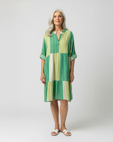 Stripe Tab Sleeve Dress - Green