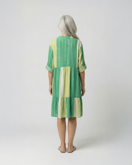 Stripe Tab Sleeve Dress - Green