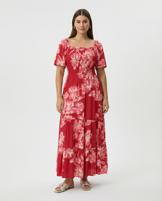Pink Floral on Red Maxi