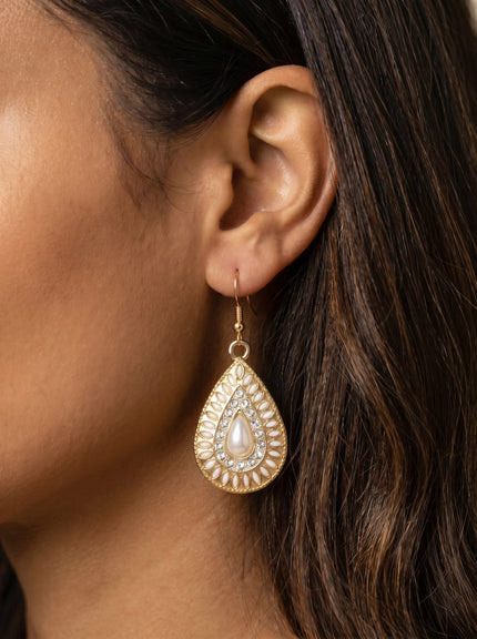 Teardrop Golden Earrings - White