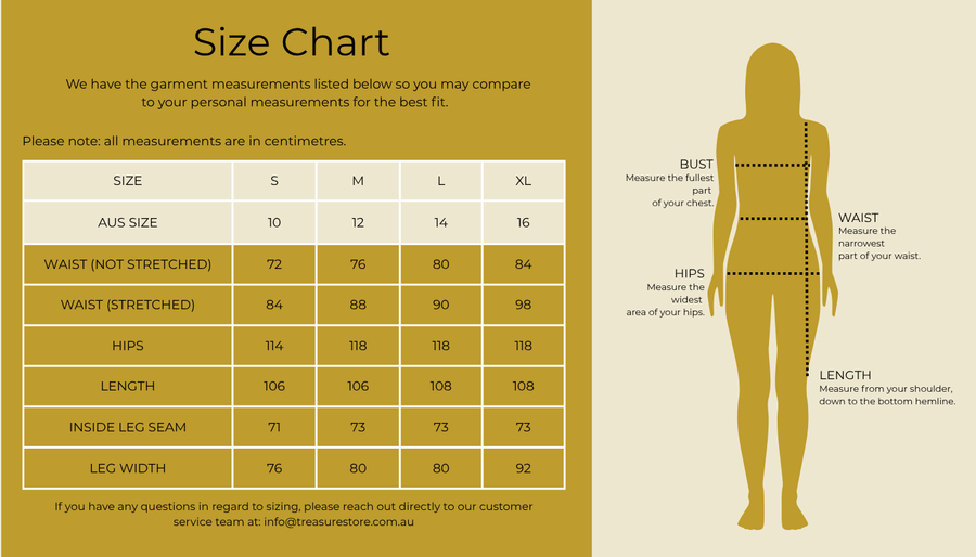 Size chart for Wallflower Pants
