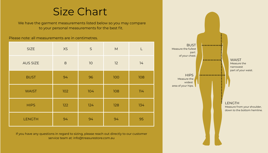 Size chart for Waterfloral Aline Shift