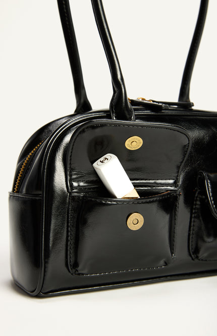 Patent Double Pockets Bag - Black