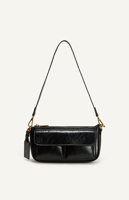 Crinkle Textured Shoulder Bag - Black