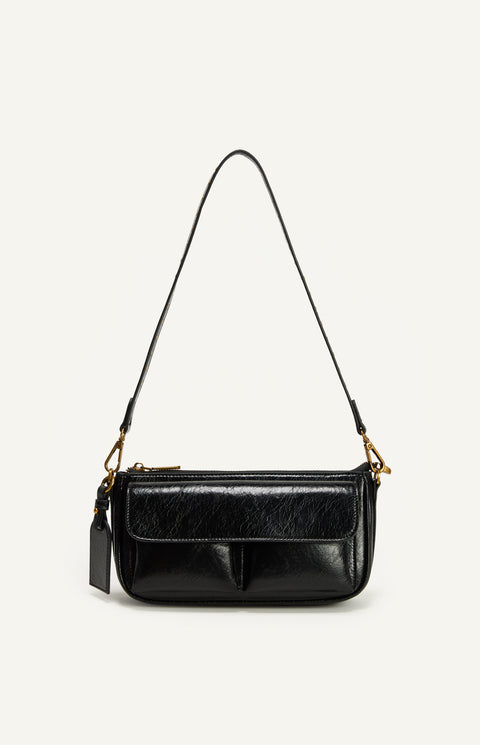 Crinkle Textured Shoulder Bag - Black
