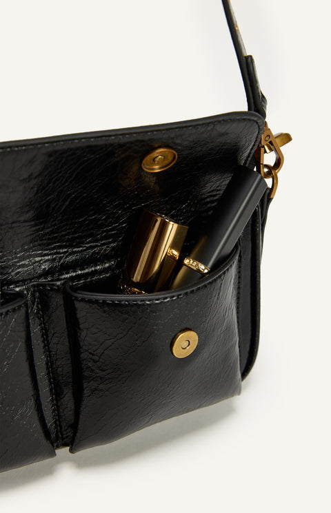 Crinkle Textured Shoulder Bag - Black