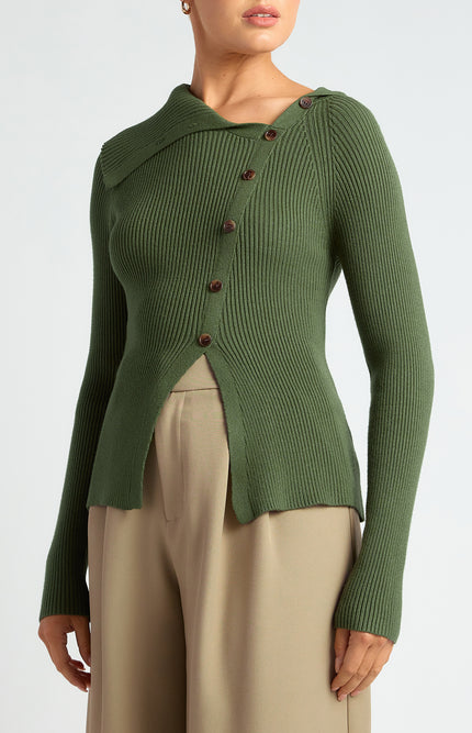 Side Button Fitted Knit - Moss