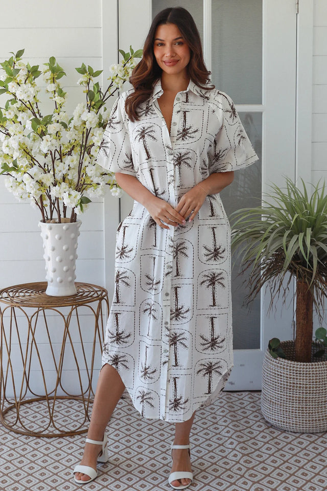 White Palm Shirt Dress - Coffee