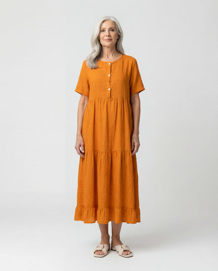 Button Front Tier Dress - Orange