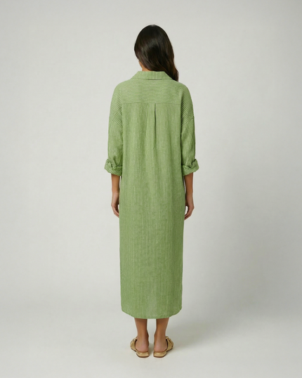 Pinstripe Cotton Shirt Dress - Avocado