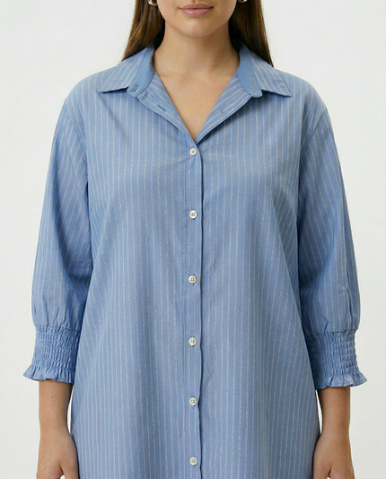 Stripe Shirred Cuff Shirt Dress