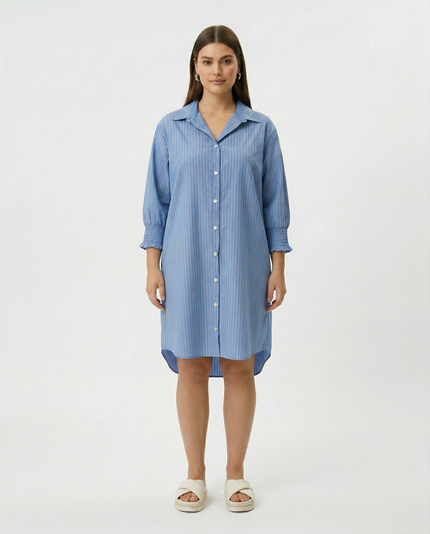 Stripe Shirred Cuff Shirt Dress
