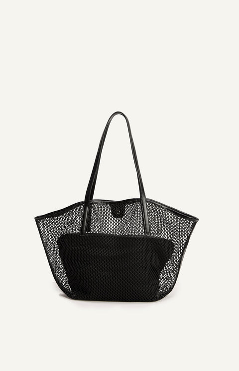 Netted Tote Bag with Pouch - Black